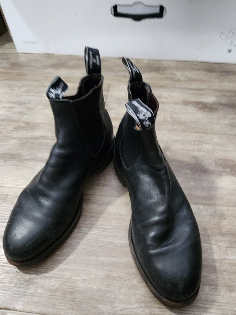 R.M. Williams black leather Chelsea boots with elastic side panels and pull tabs
